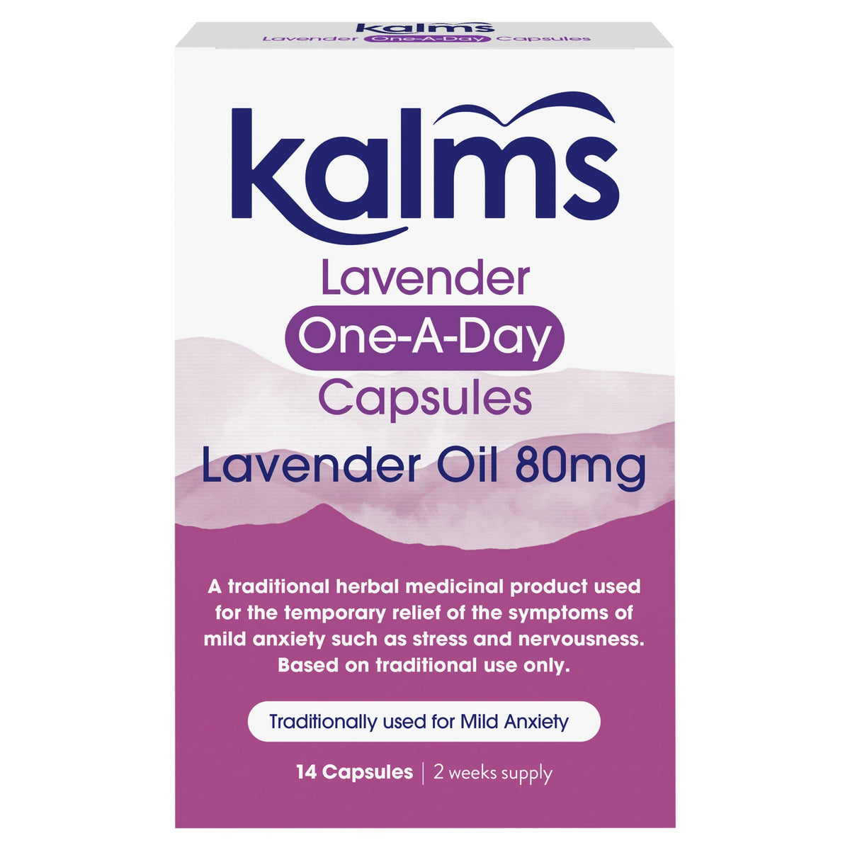 Kalms Lavender One-a-day 14 capsules Herbal Medicinal Product for Anxiety Stress. Unit pack pictured; select the quantity stated in the listing.