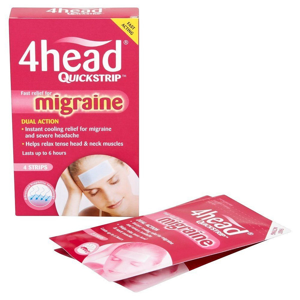 4HEAD QuickStrip Migraine Relief Strips. Unit pack pictured; select the quantity stated in the listing.