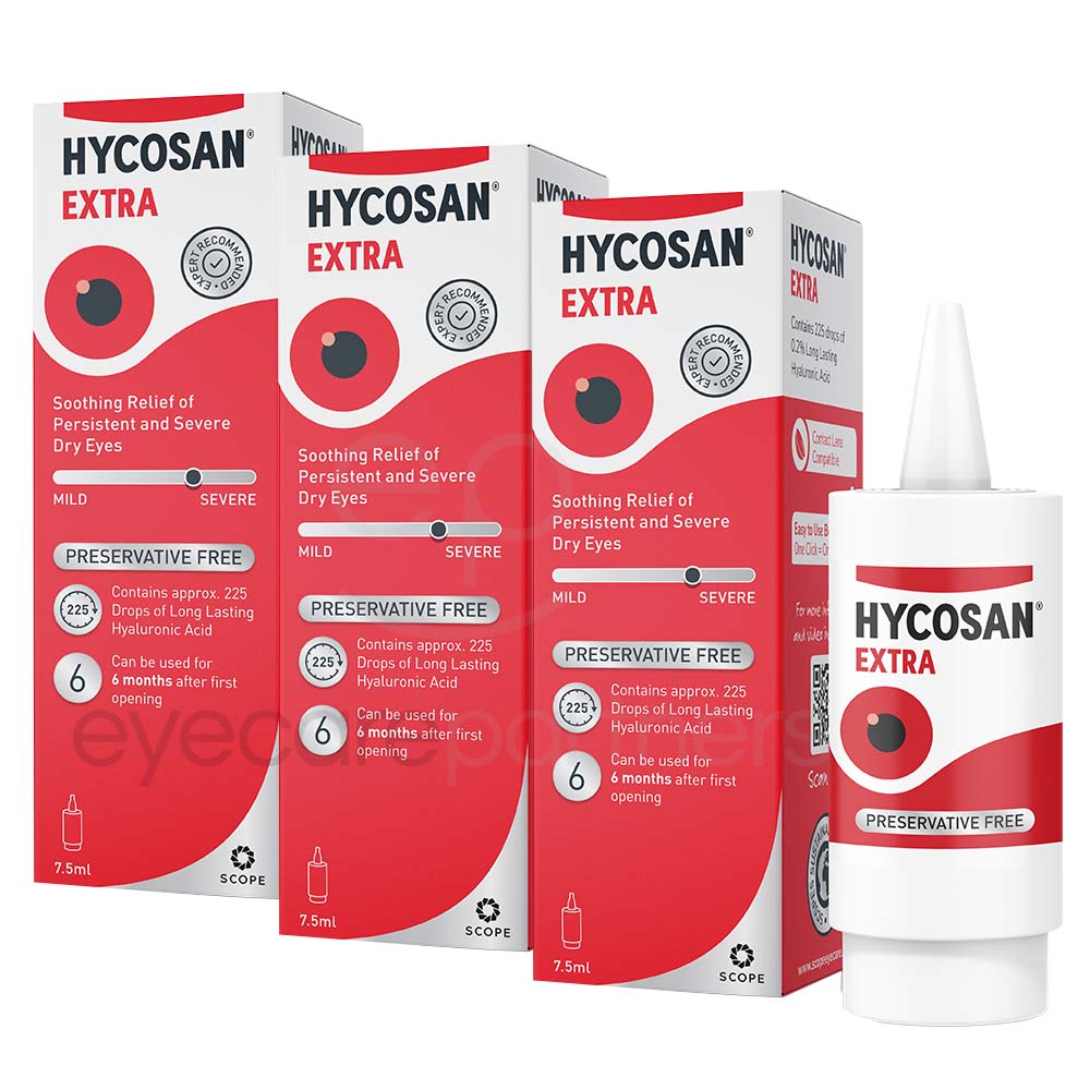 Hycosan Extra Preservative Free Eye Drops x3. Unit pack pictured; select the quantity stated in the listing.
