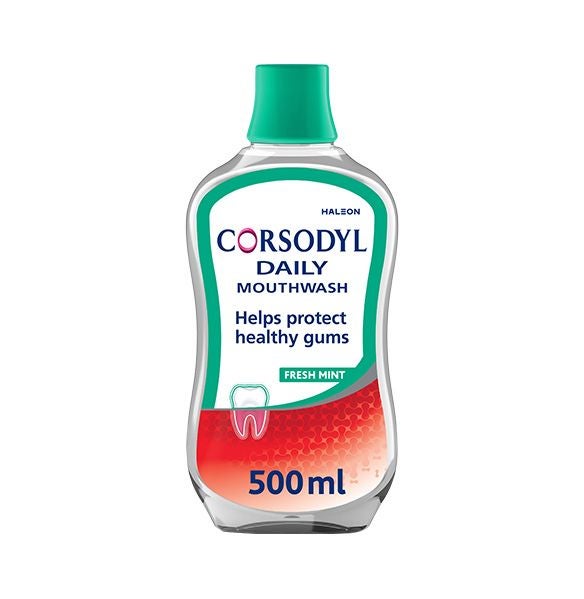 Corsodyl Daily Freshmint mouthwash 500ml — one bottle pictured; listing supplies three bottles