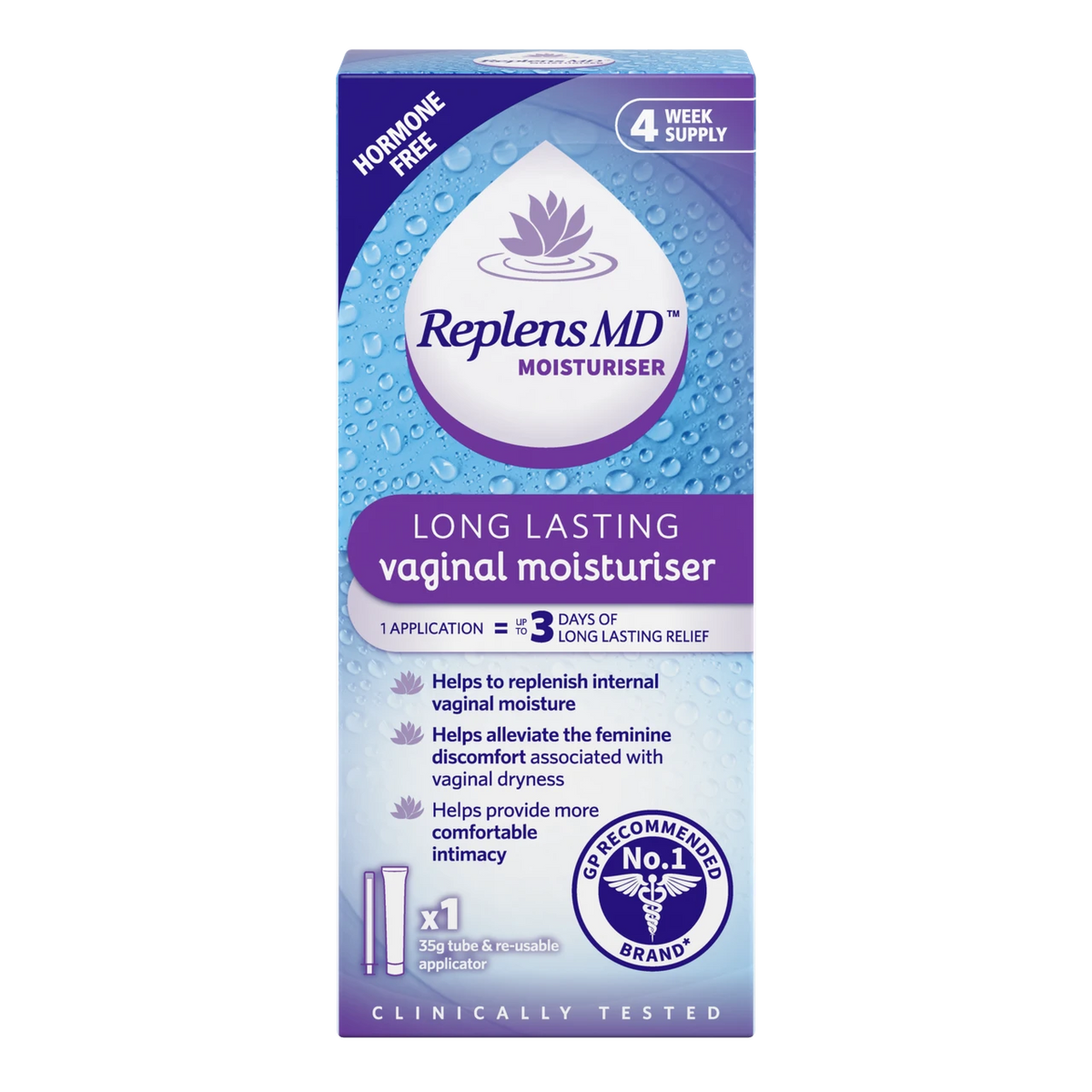 Replens MD vaginal moisturiser — 35g tube and reusable applicator