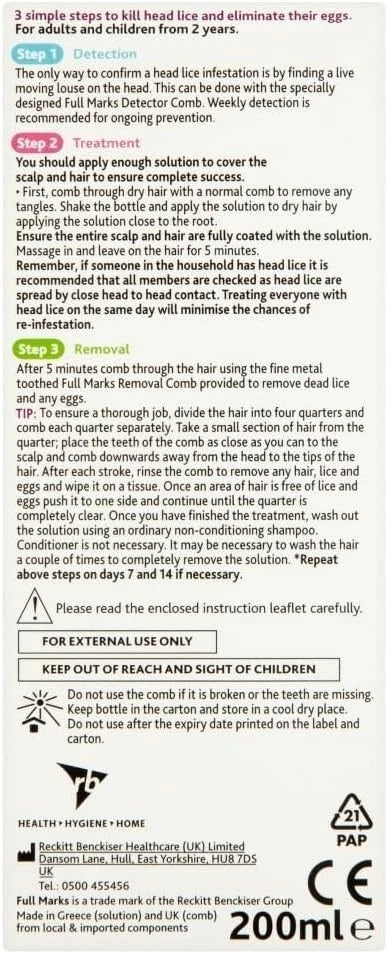 Full Marks Head Lice Treatment Solution 200ml with Nit Comb
